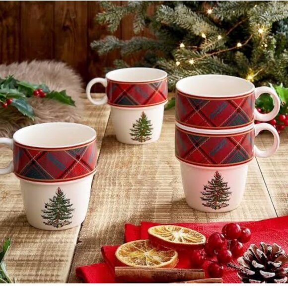 Spode Christmas Tree Tartan Stacking Mugs Set of 4 NEW WITH BOX - Picture 1 of 7